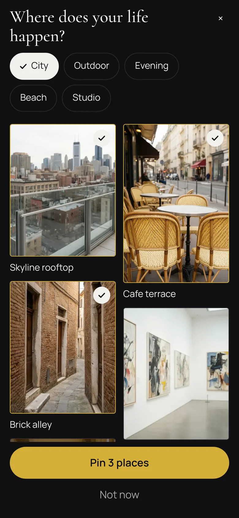 The app asking where your life happens, with three places pinned