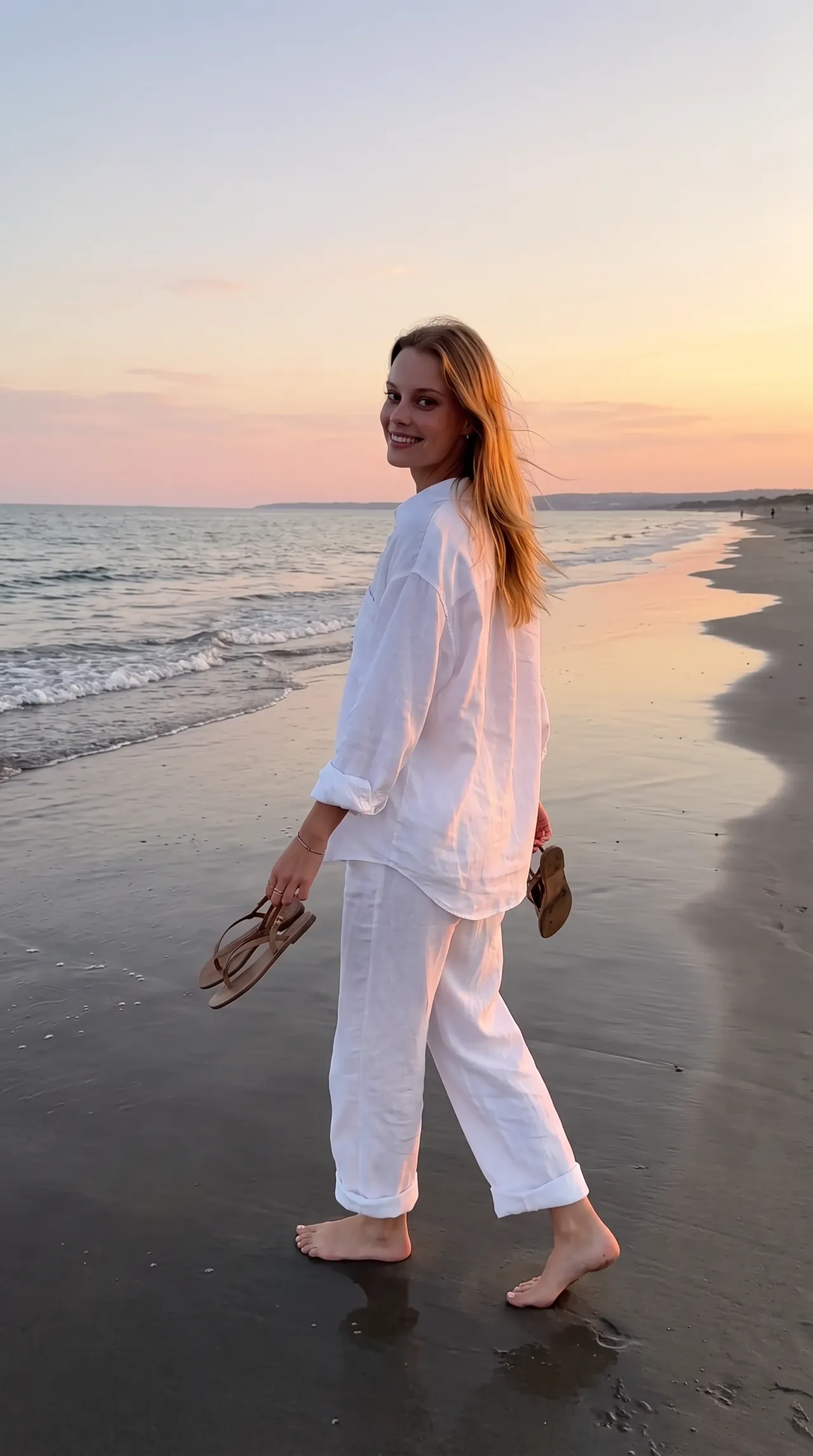 Sofia on a beach at golden hour