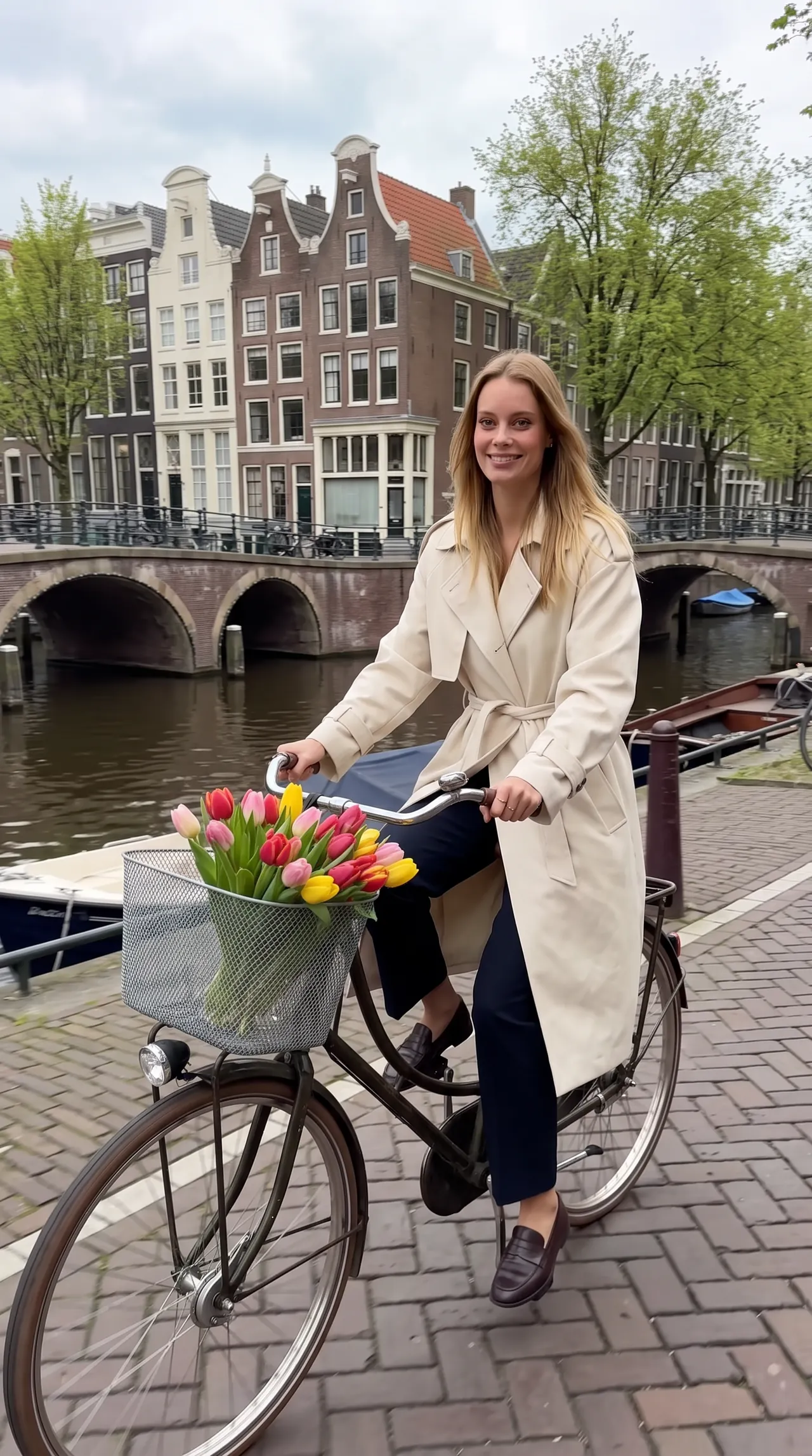 Sofia cycling along an Amsterdam canal with tulips