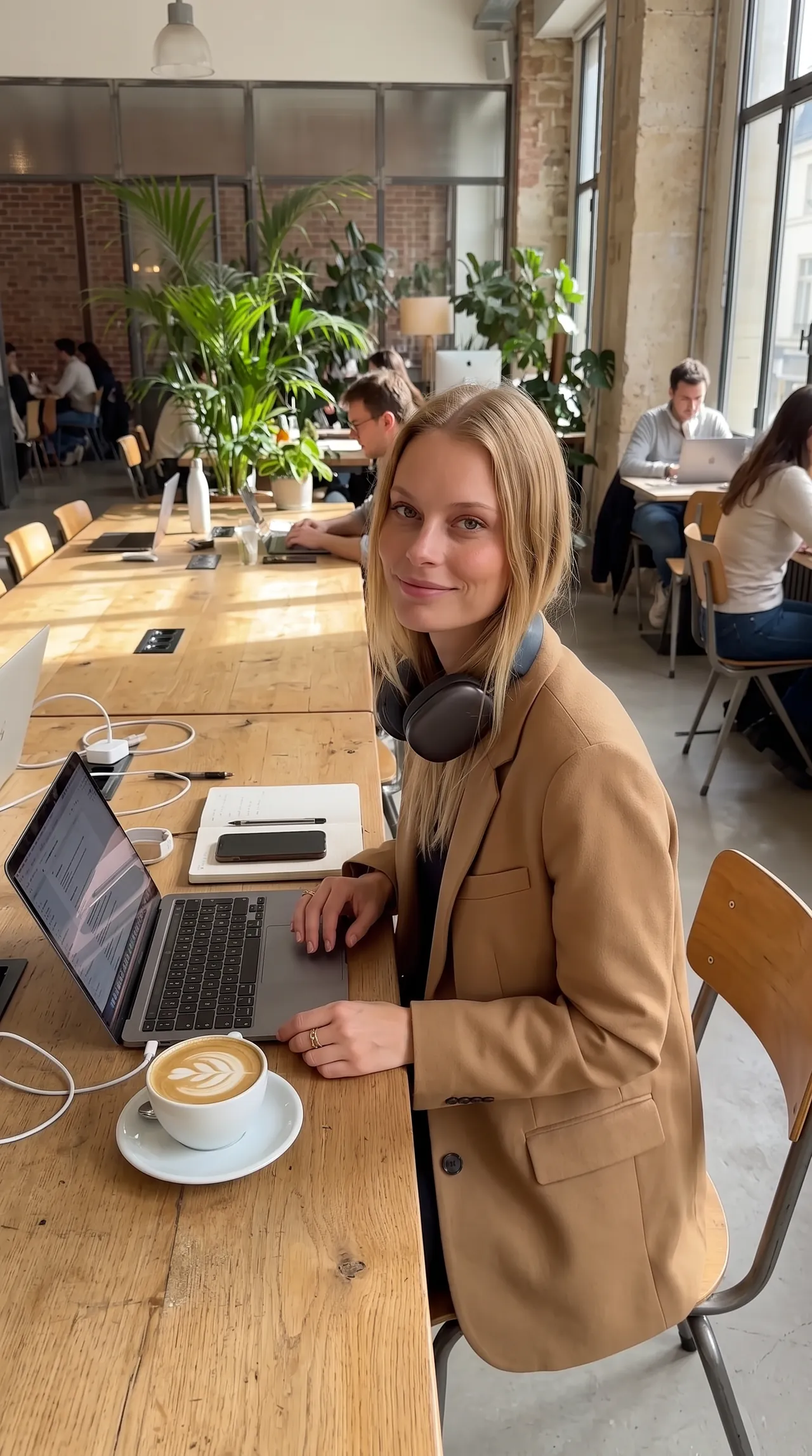 Sofia at a coworking desk with a flat white