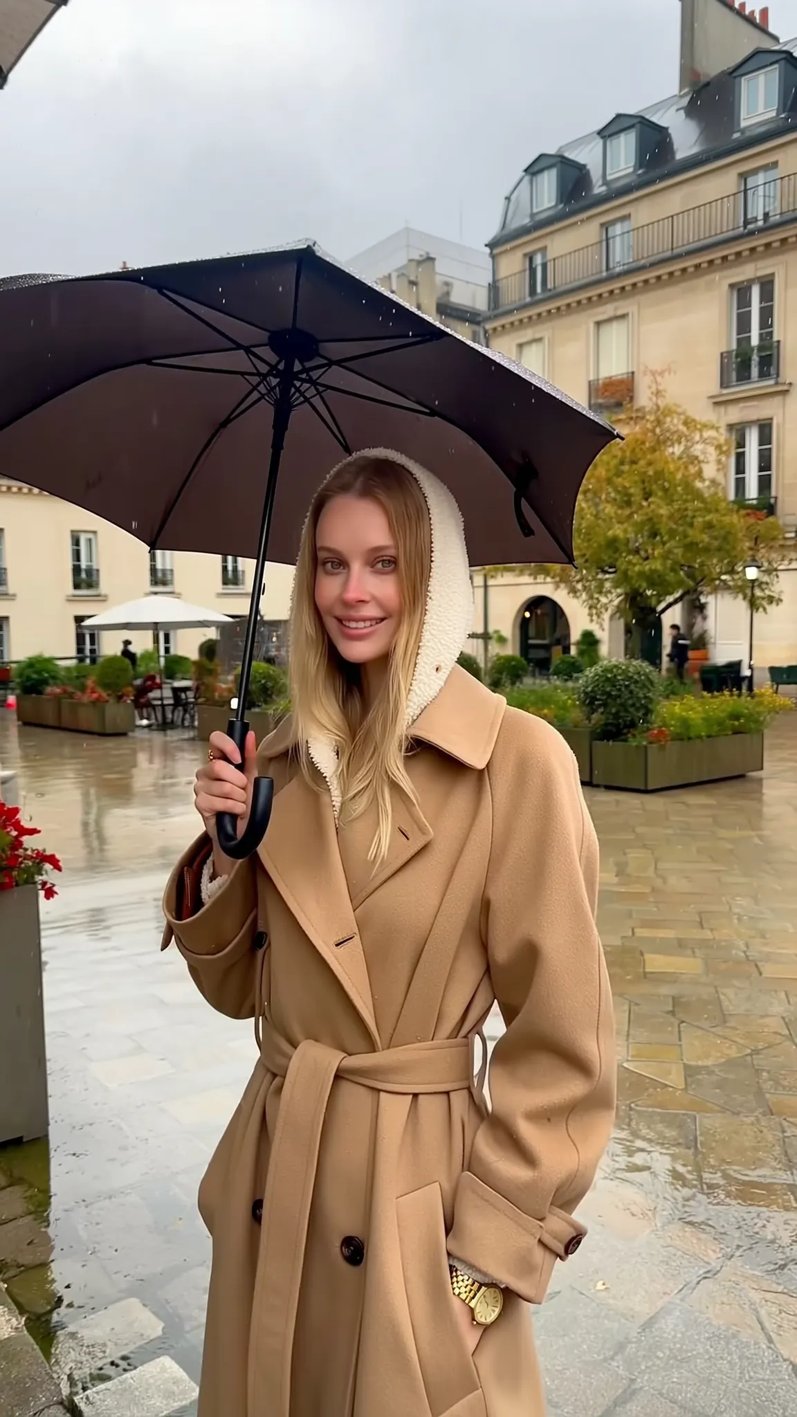 Sofia under an umbrella on a rainy Paris square