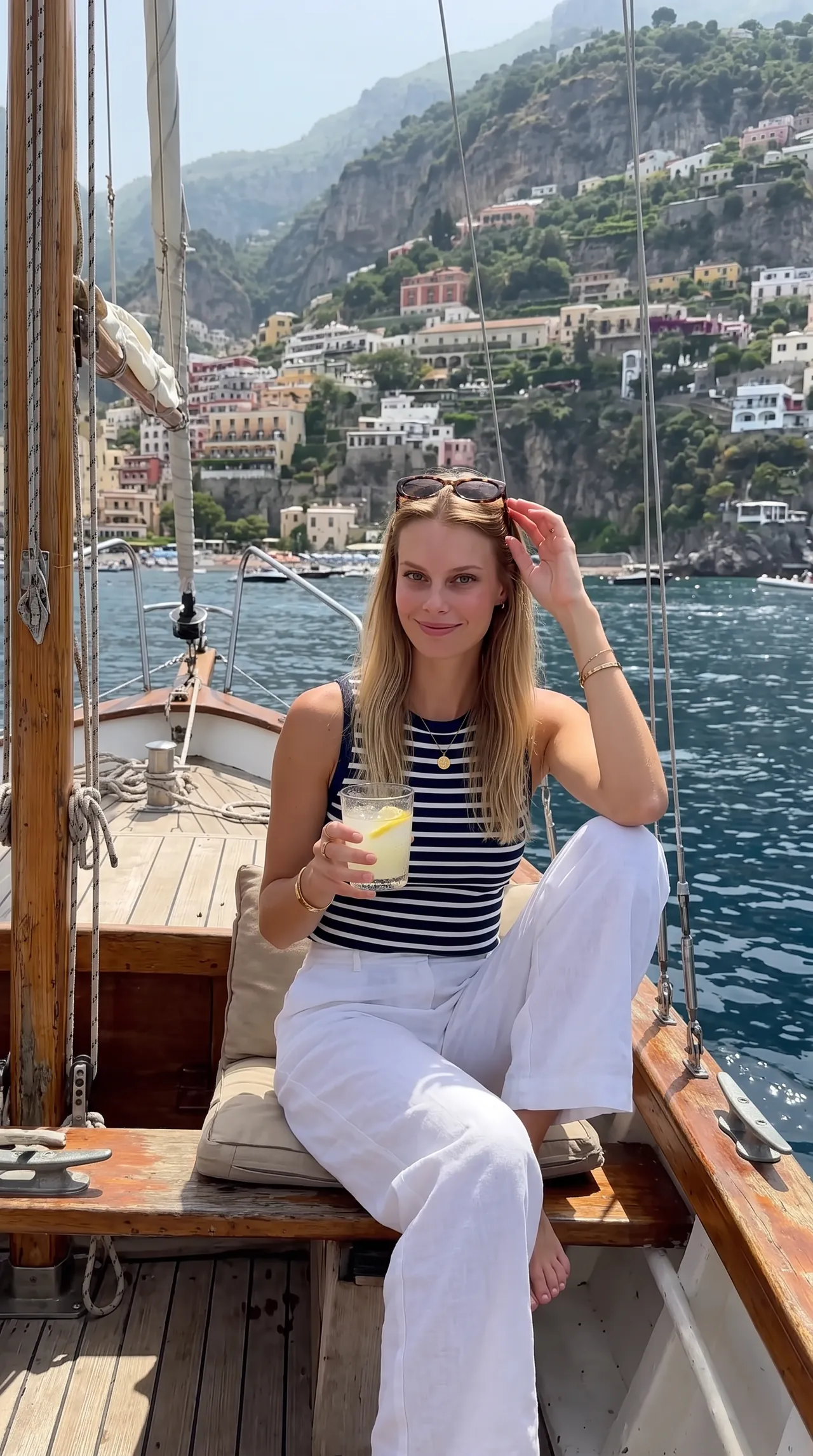 Sofia on a sailing boat off the Amalfi coast