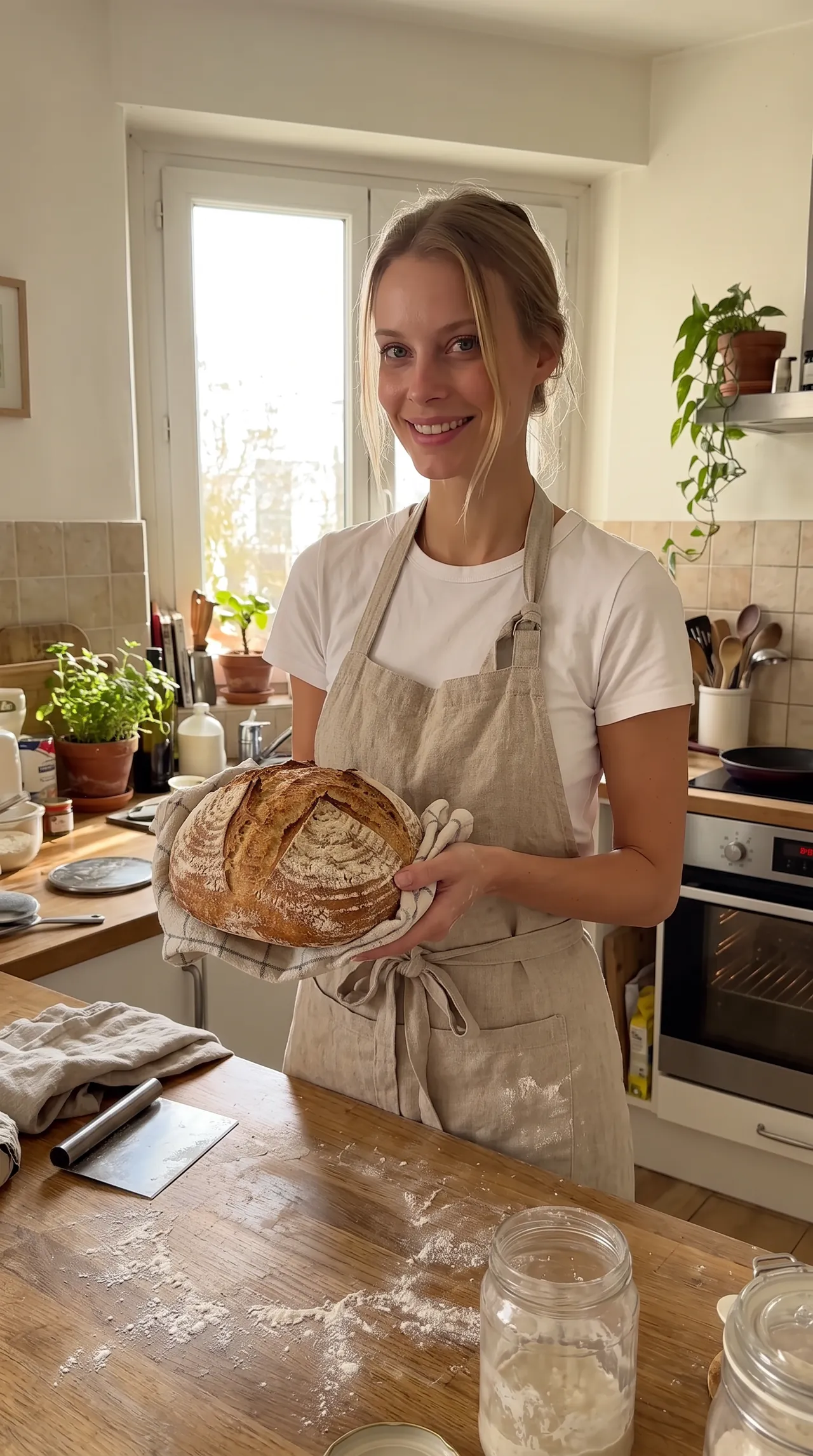 Sofia holding a sourdough loaf in her kitchen