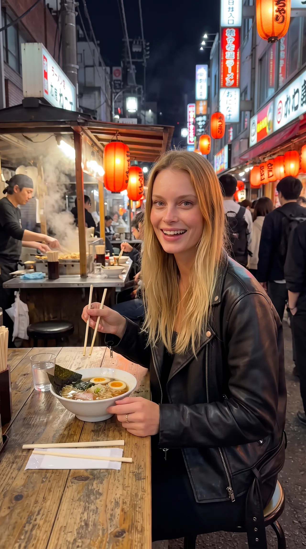 Sofia eating ramen on a Tokyo street at night