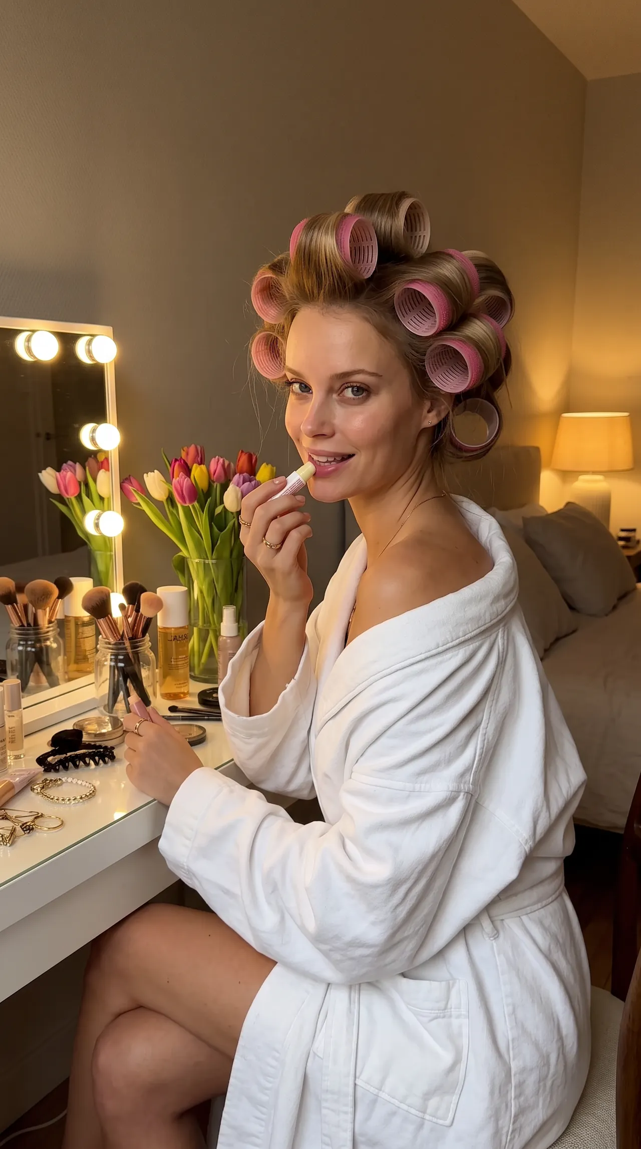 Sofia in hair rollers at her vanity