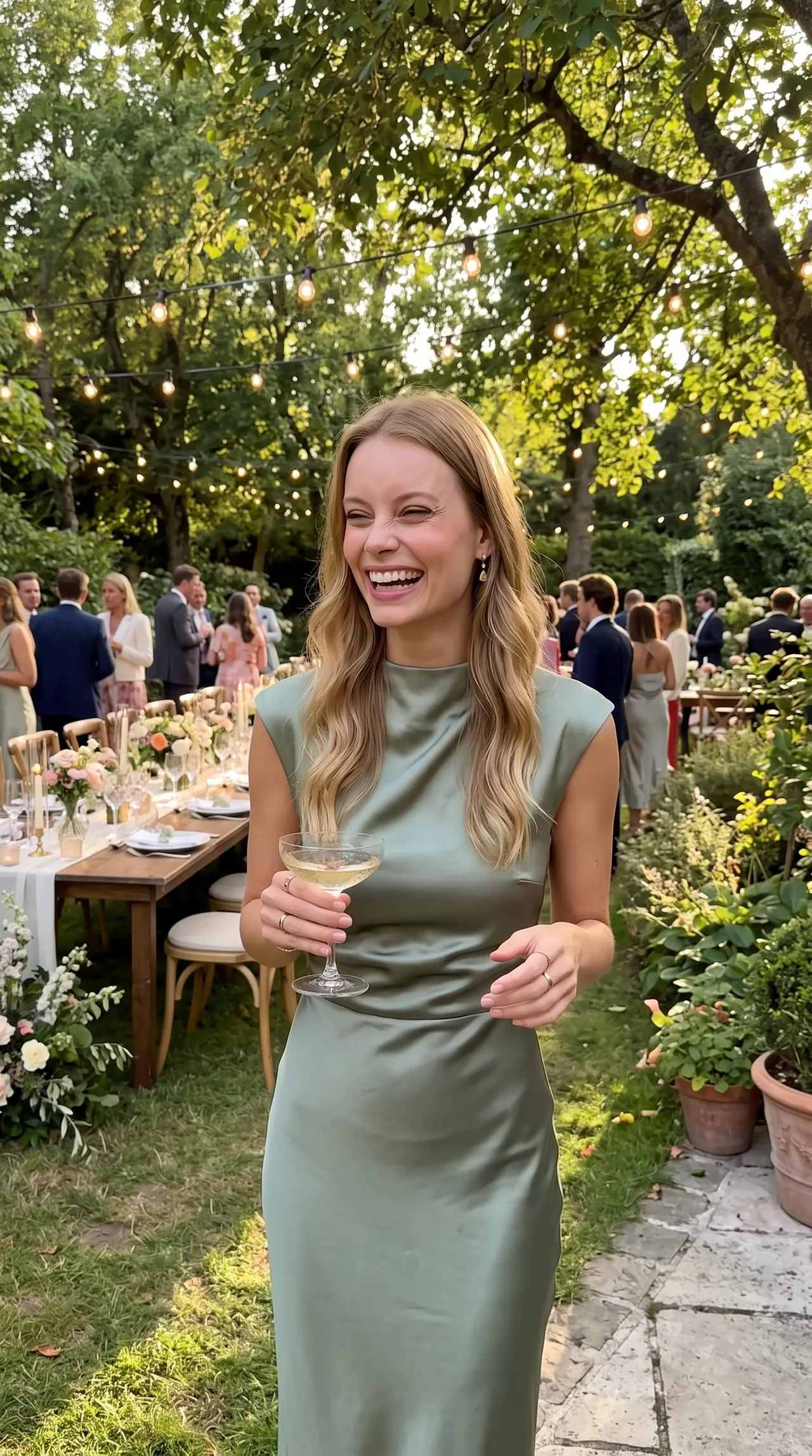 Sofia as a wedding guest in a garden