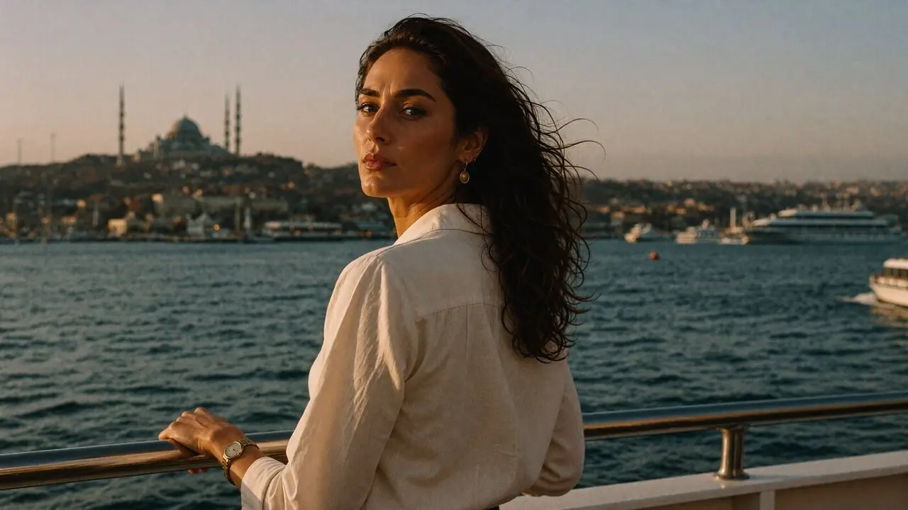 Yıldız at the rail of a Bosphorus ferry at golden hour